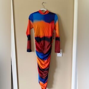 Terez Printed Mesh Mock Neck LS Dress Soft Focus Earth NWT Small